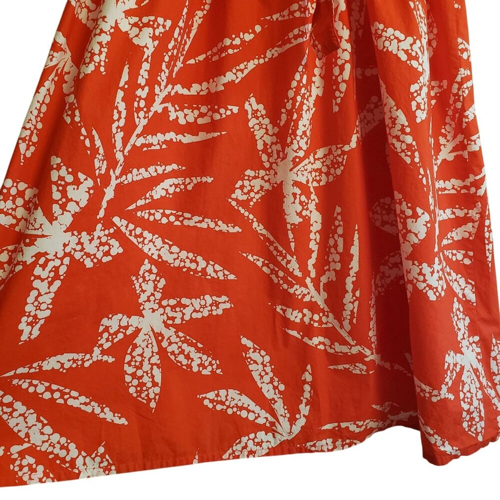 DKNY Red-Orange Print Shirt Dress 12 White Leaf Print Cotton Midi - Picture 10 of 12